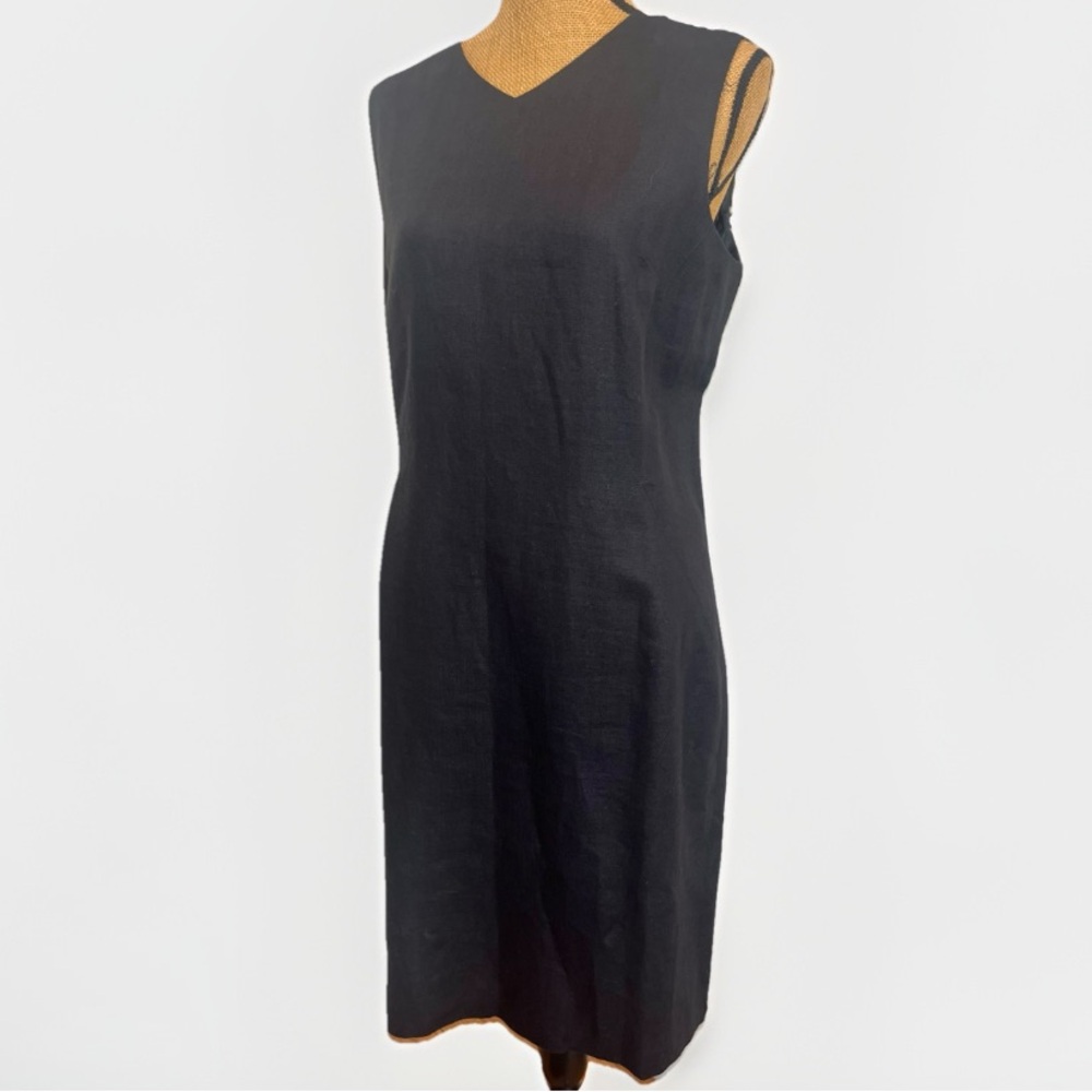 Talbots 100% Irish Linen Midi Sheath Dress Classic V-Neck Black Size 16 - Picture 1 of 16